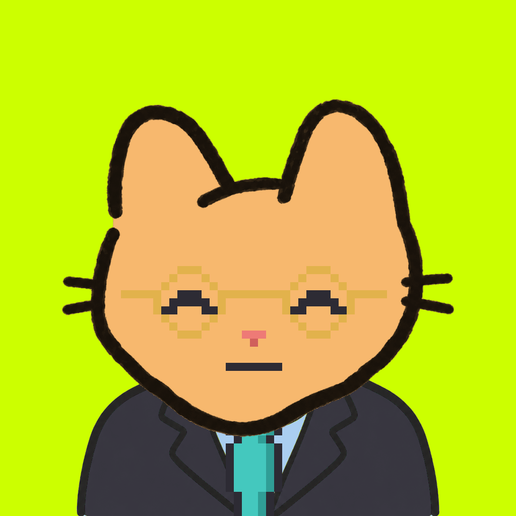 Employee #0027 — a tabby cat, in a black suit, with a teal tie, wearing round-gold glasses, on volt