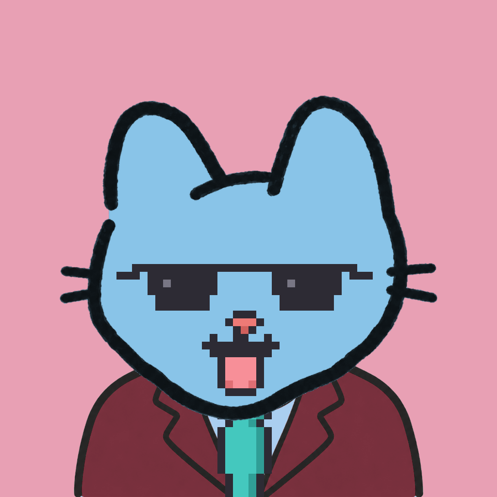 Employee #0270 — a sky cat, in a burgundy suit, with a teal tie, wearing shades glasses, on rose