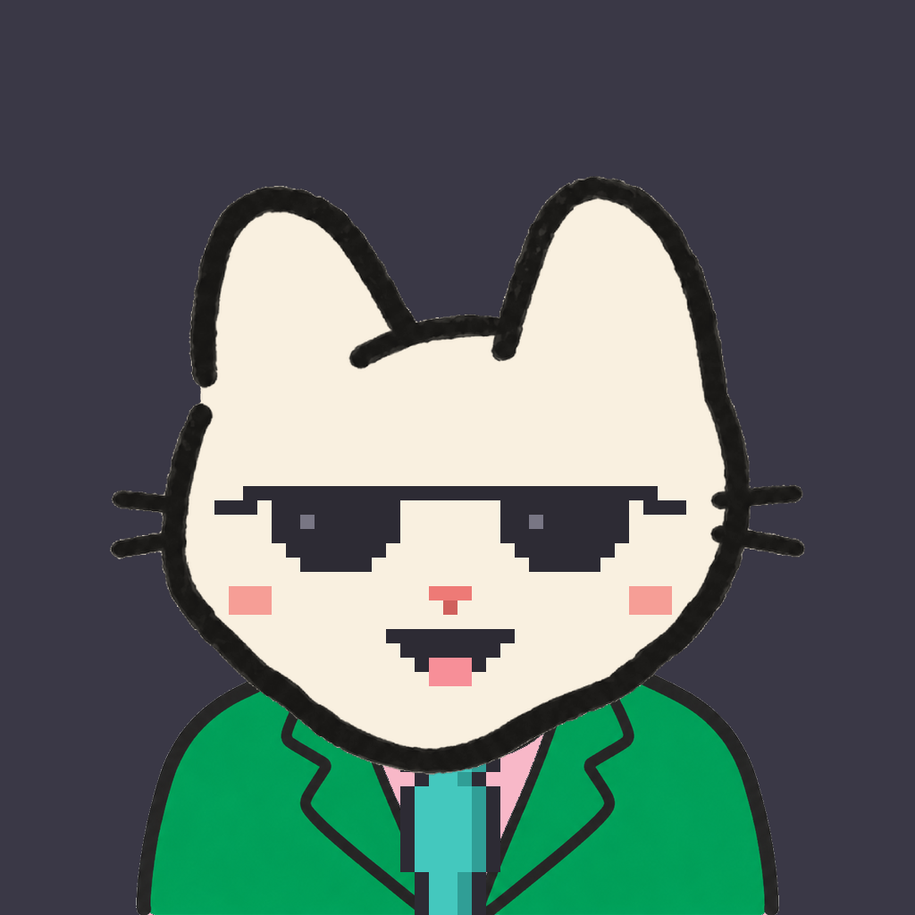 Employee #2701 — a cream cat, in a green suit, with a teal tie, wearing shades glasses, on charcoal