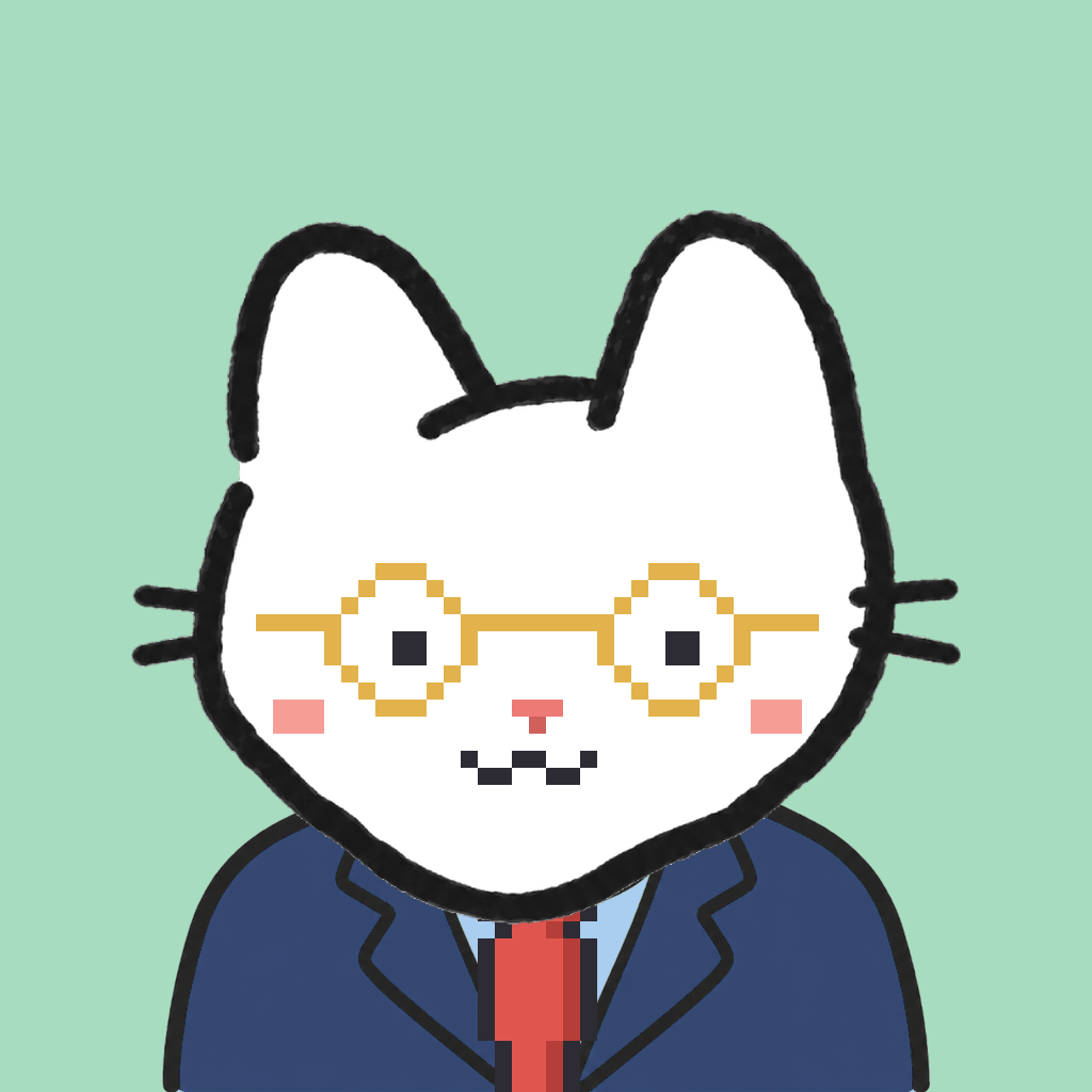 Employee #2702 — a white cat, in a navy suit, with a red tie, wearing round-gold glasses, on mint
