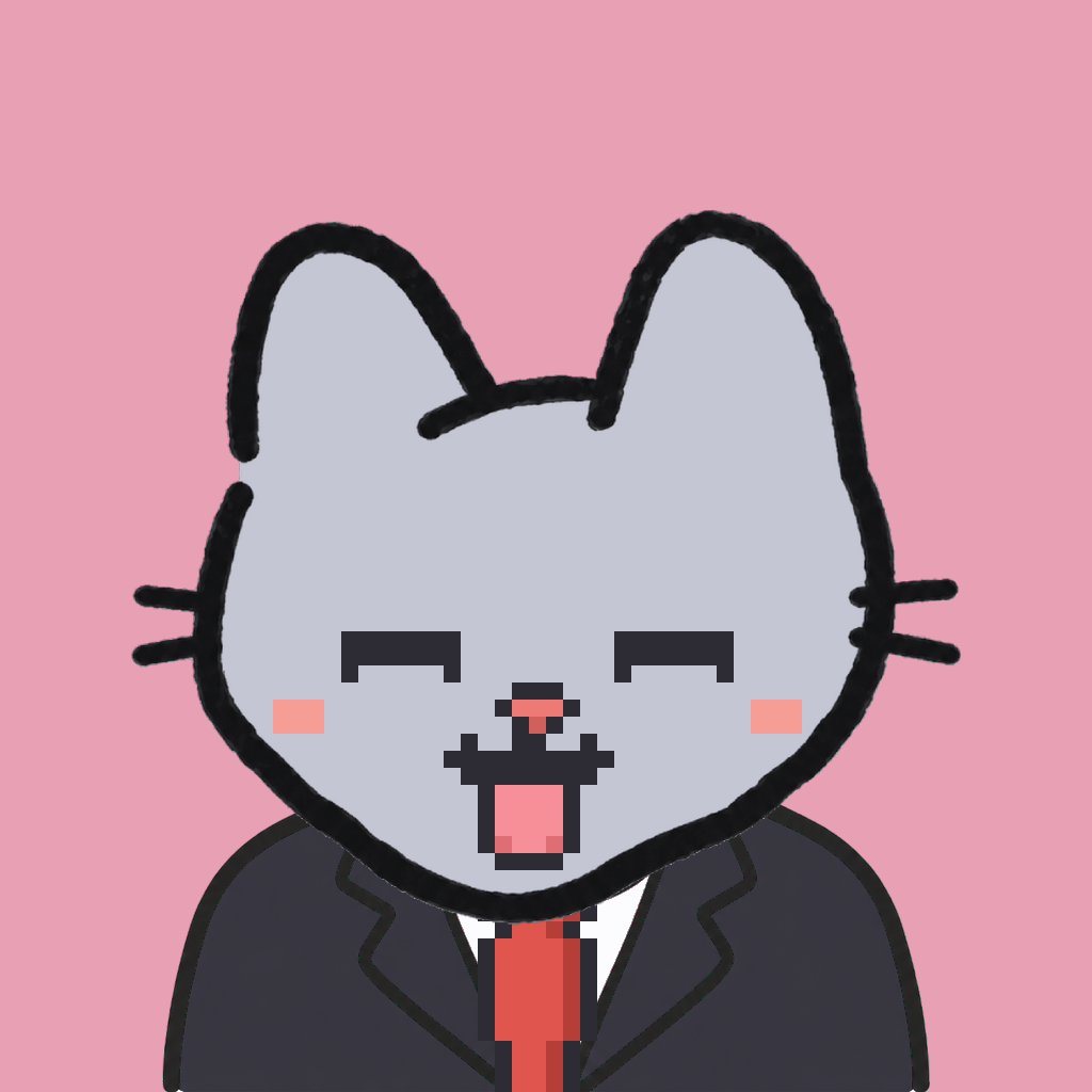 Employee #2703 — a gray cat, in a black suit, with a red tie, on rose