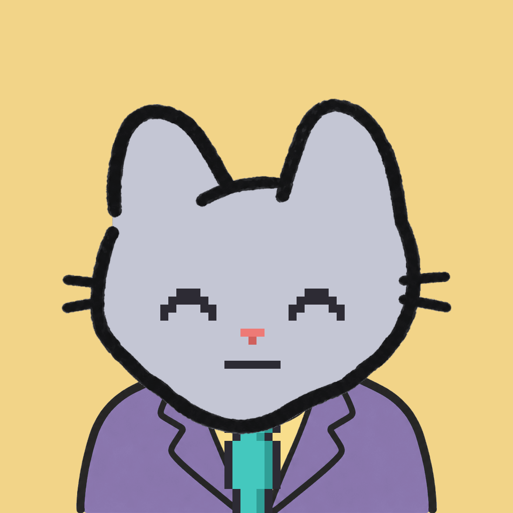 Employee #2704 — a gray cat, in a lavender suit, with a teal tie, on butter