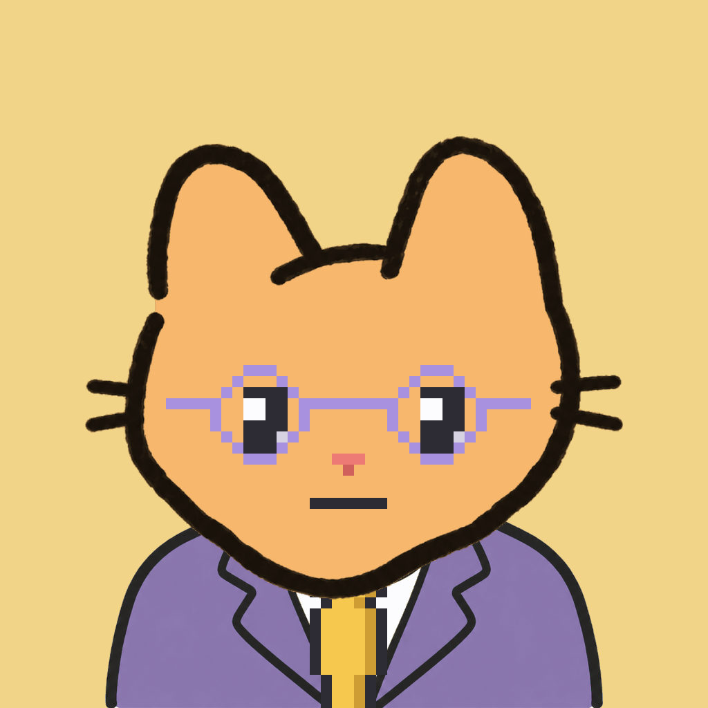 Employee #2705 — a tabby cat, in a lavender suit, with a gold tie, wearing round-lavender glasses, on butter