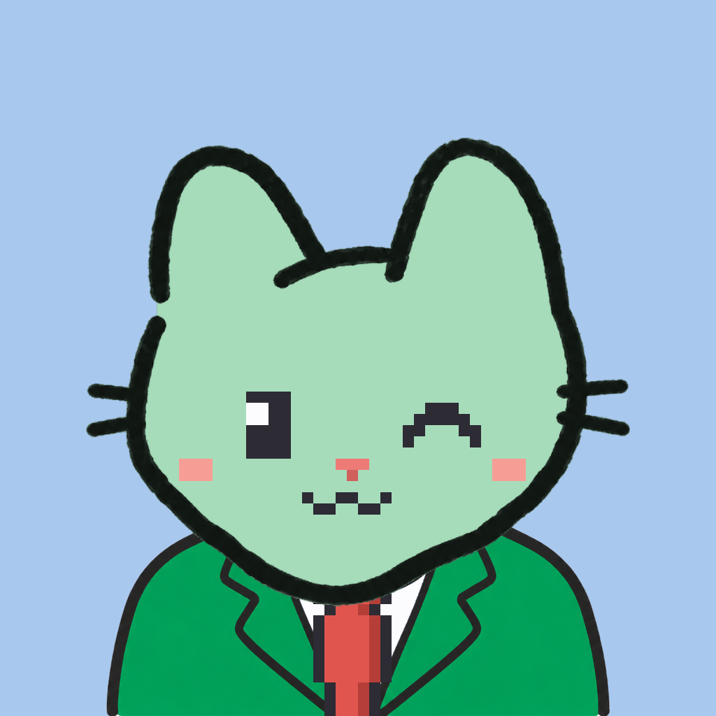 Employee #2707 — a mint cat, in a green suit, with a red tie, on sky