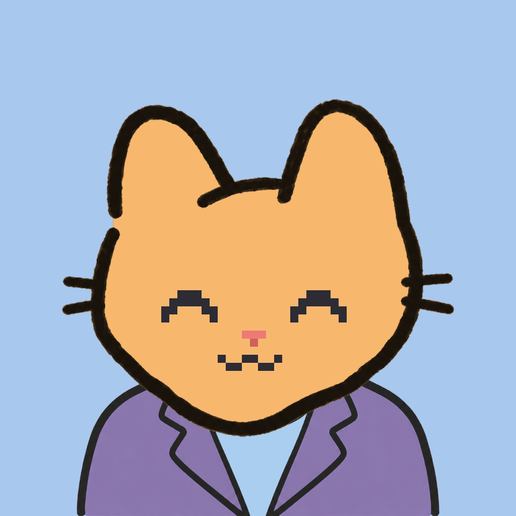 Employee #2708 — a tabby cat, in a lavender suit, on sky