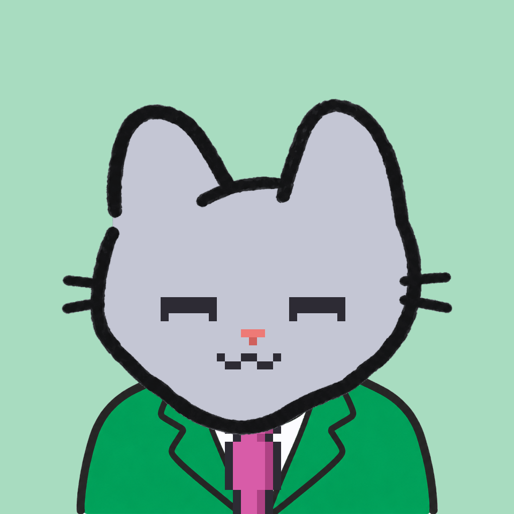 Employee #2709 — a gray cat, in a green suit, with a magenta tie, on mint