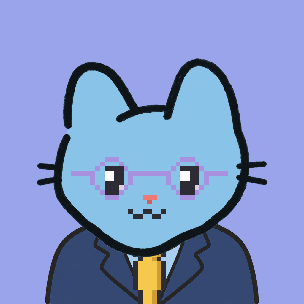 Employee #0271 — a sky cat, in a navy suit, with a gold tie, wearing round-lavender glasses, on periwinkle