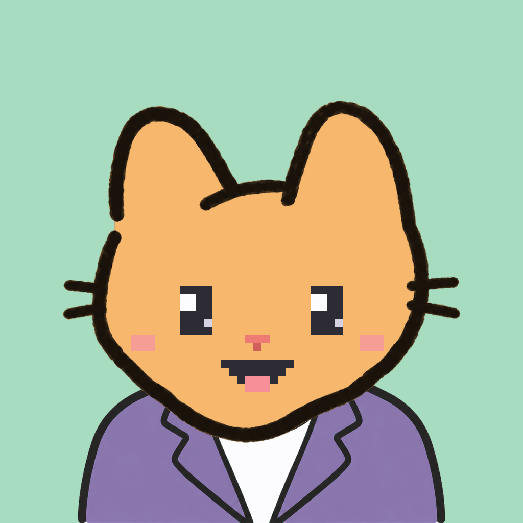 Employee #2710 — a tabby cat, in a lavender suit, on mint