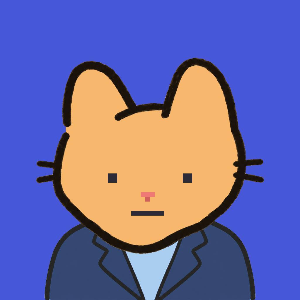 Employee #2711 — a tabby cat, in a navy suit, on royal