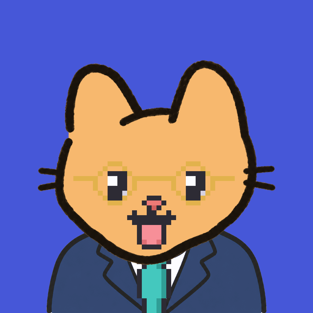 Employee #2712 — a tabby cat, in a navy suit, with a teal tie, wearing round-gold glasses, on royal