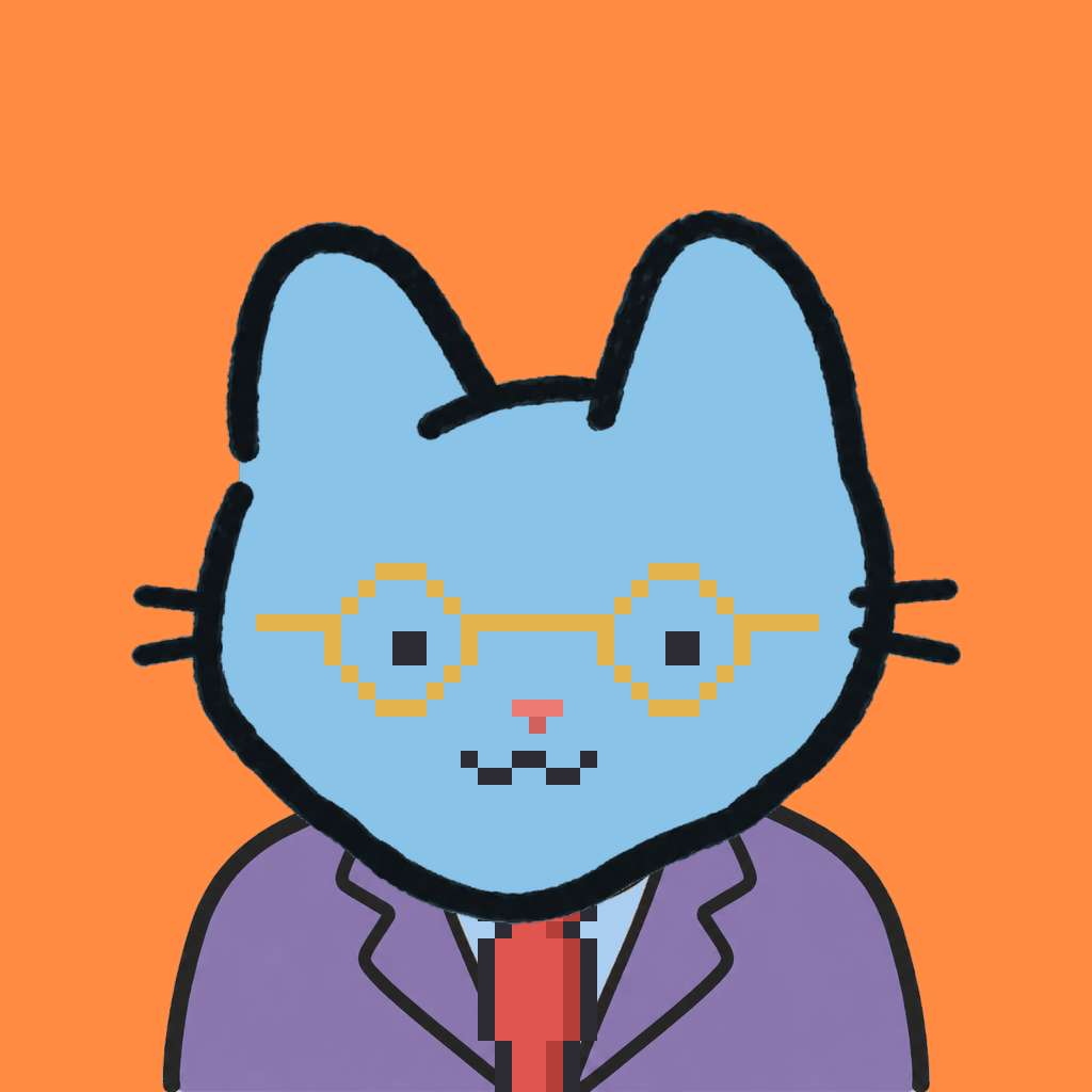 Employee #2713 — a sky cat, in a lavender suit, with a red tie, wearing round-gold glasses, on tangerine
