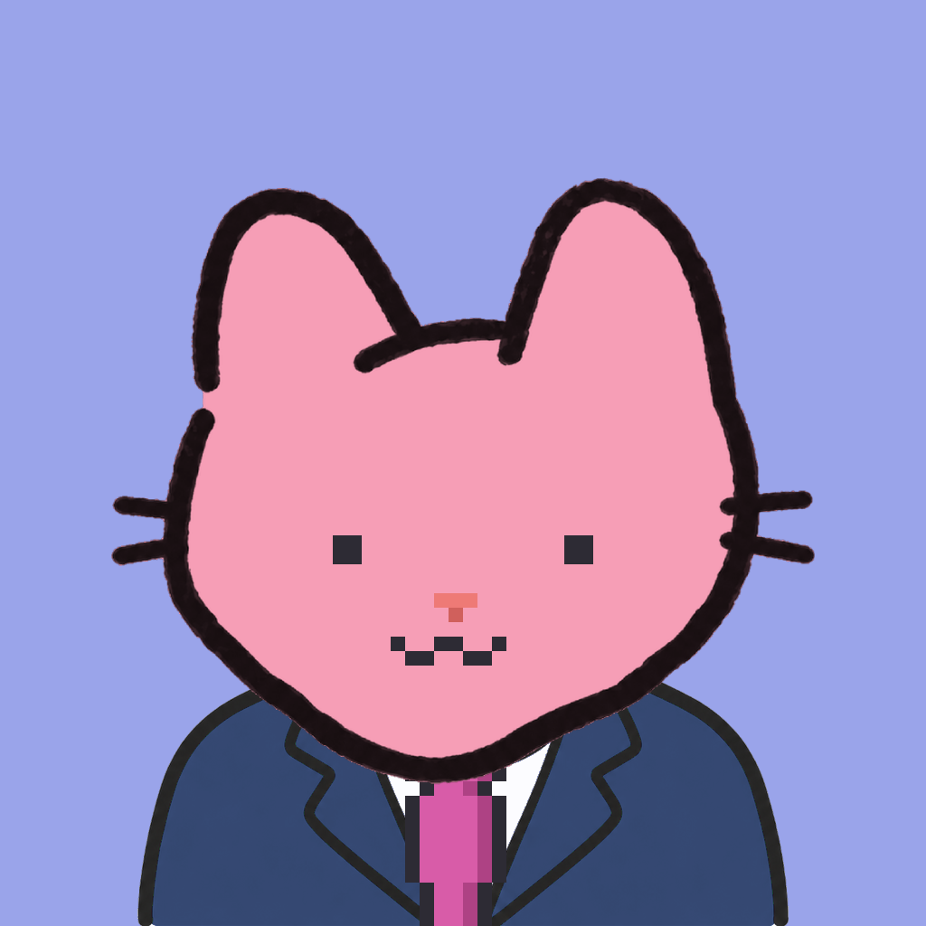 Employee #2714 — a pink cat, in a navy suit, with a magenta tie, on periwinkle