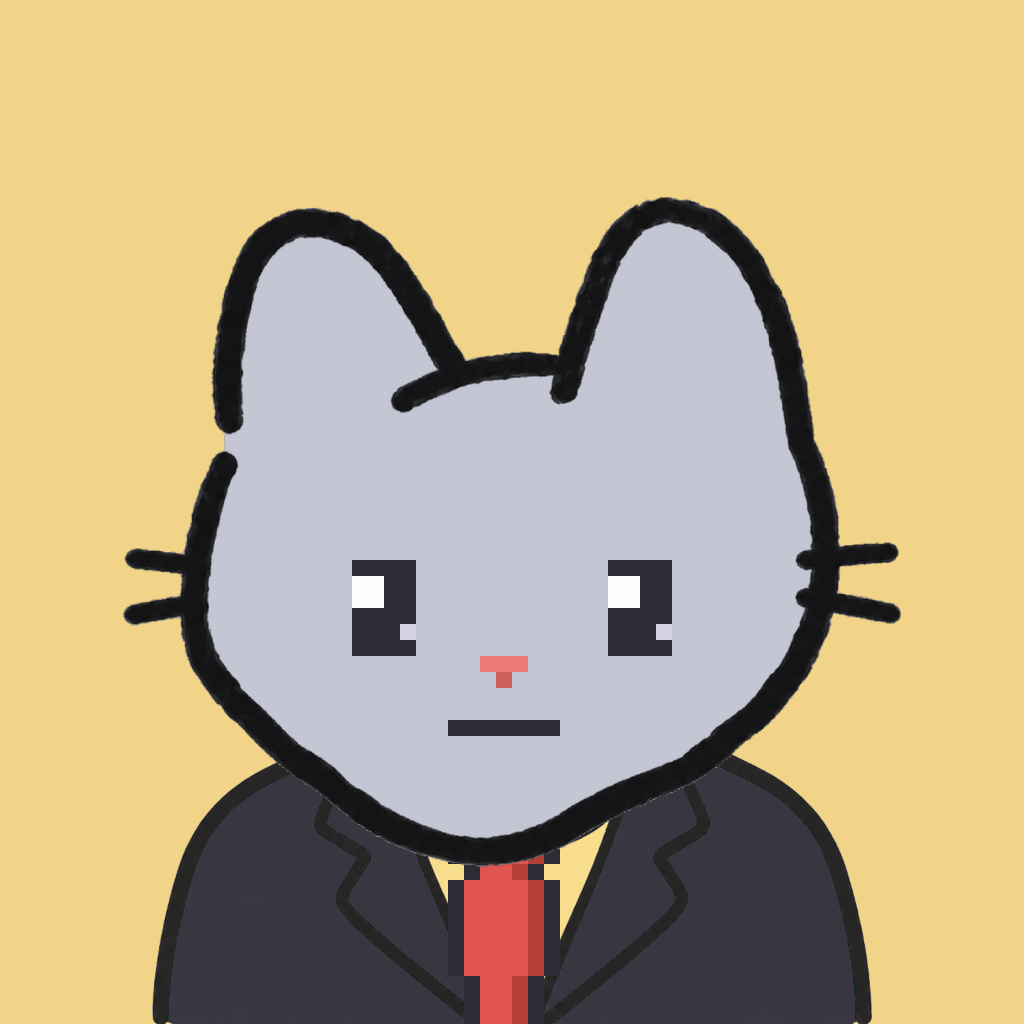 Employee #2715 — a gray cat, in a black suit, with a red tie, on butter