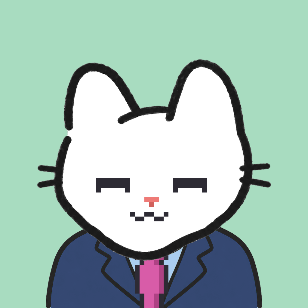 Employee #2716 — a white cat, in a navy suit, with a magenta tie, on mint