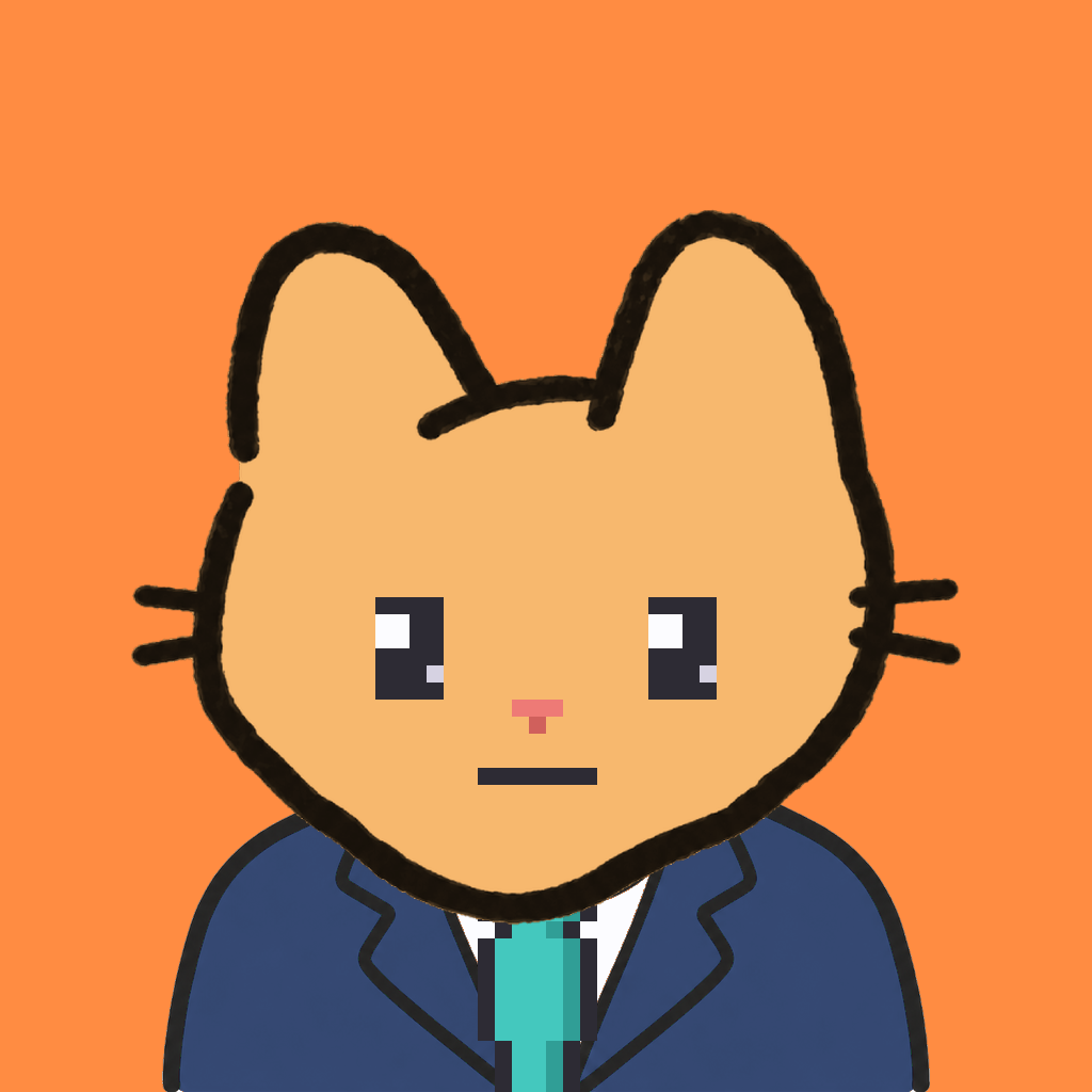Employee #2717 — a tabby cat, in a navy suit, with a teal tie, on tangerine