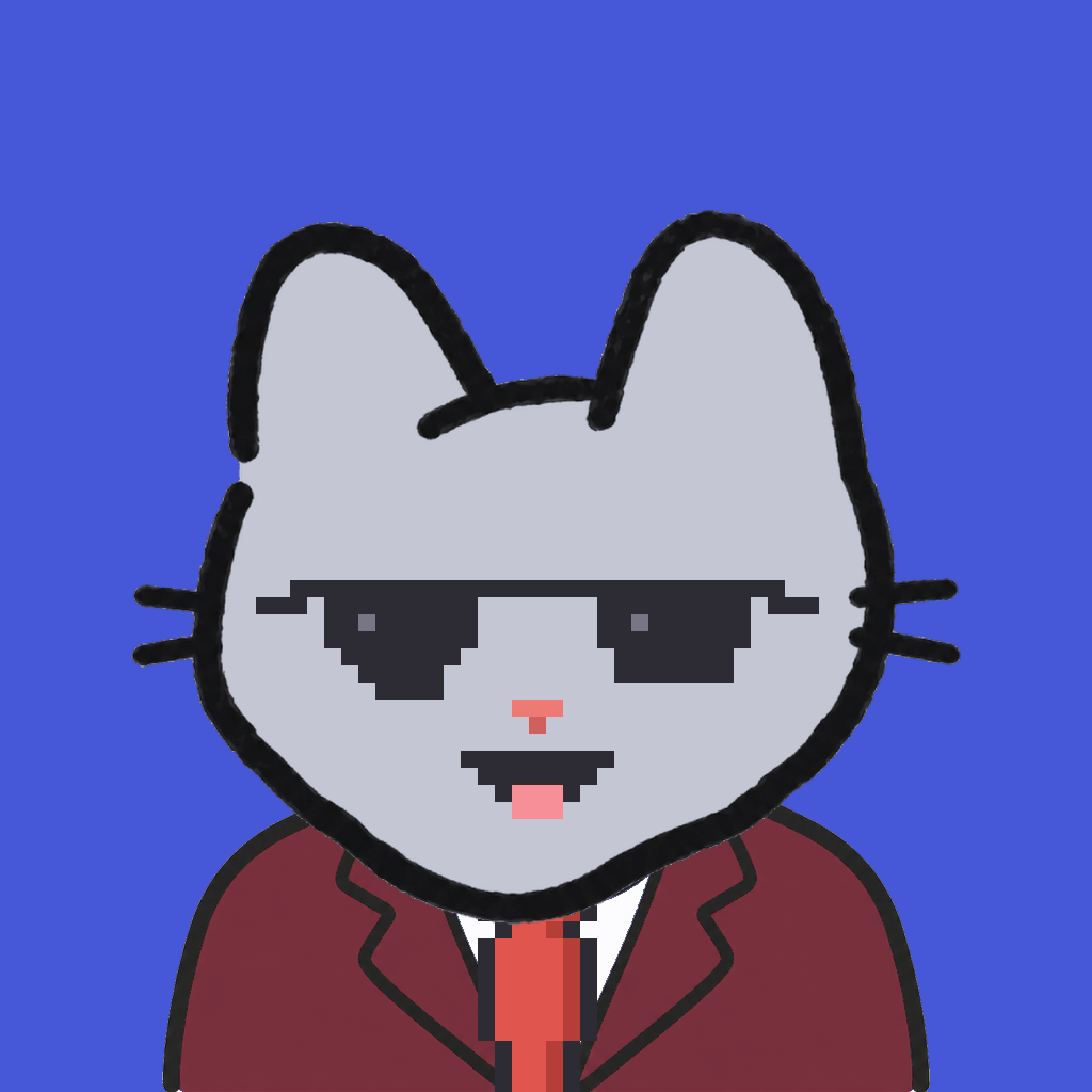 Employee #2718 — a gray cat, in a burgundy suit, with a red tie, wearing shades glasses, on royal