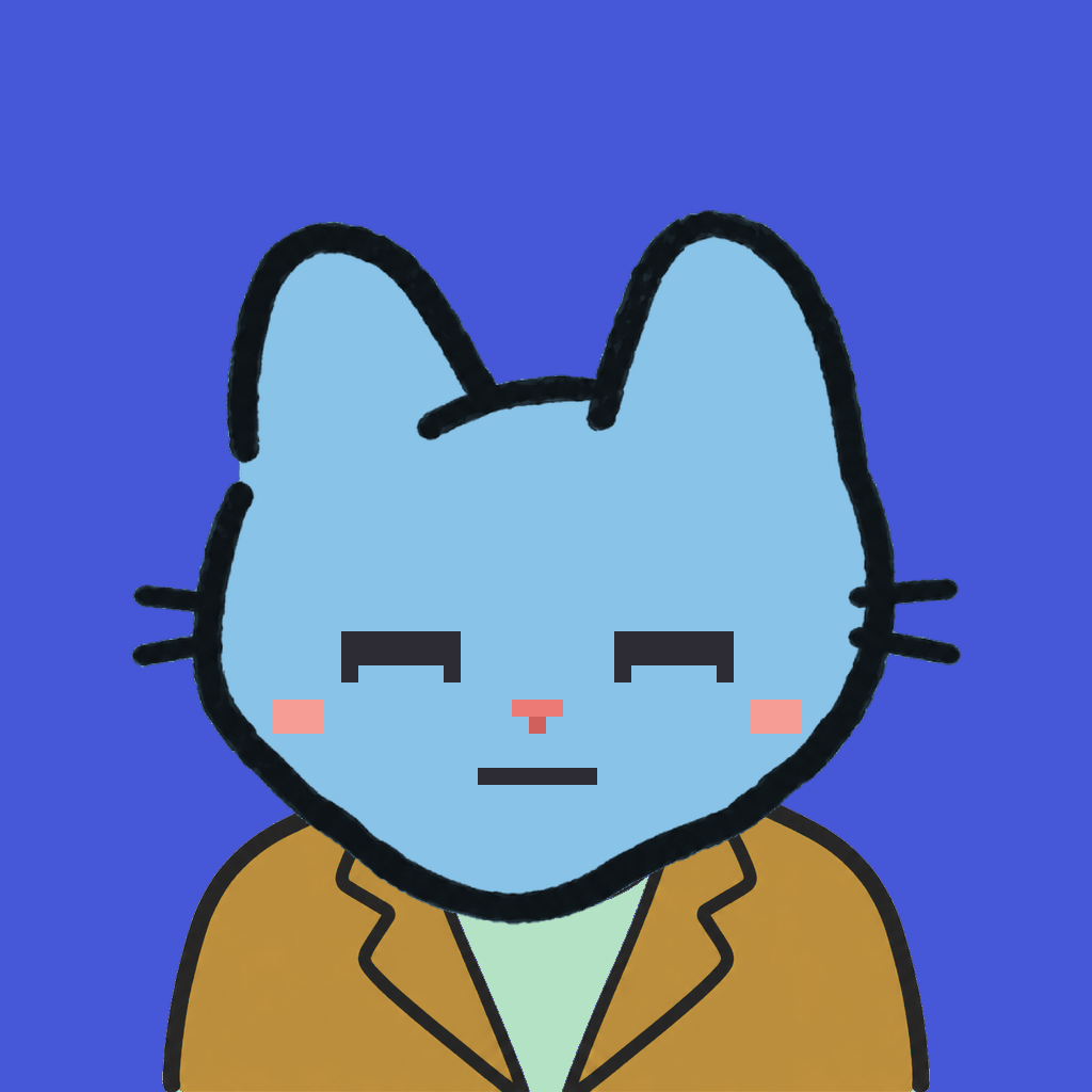 Employee #2719 — a sky cat, in a mustard suit, on royal