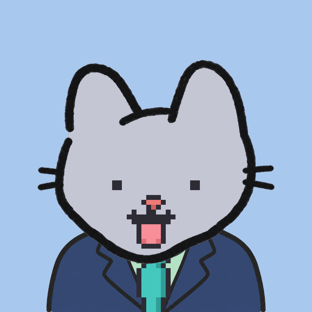 Employee #0272 — a gray cat, in a navy suit, with a teal tie, on sky