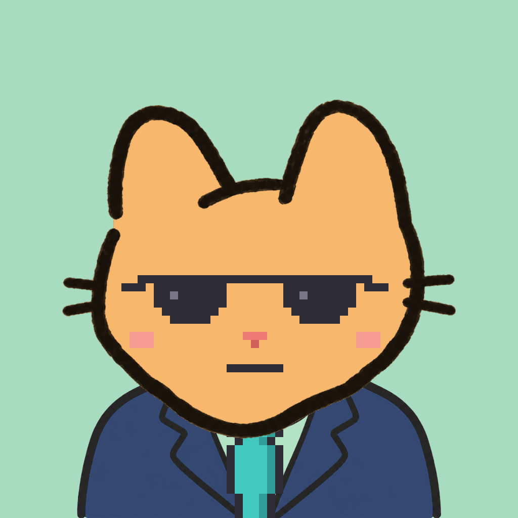 Employee #2720 — a tabby cat, in a navy suit, with a teal tie, wearing shades glasses, on mint