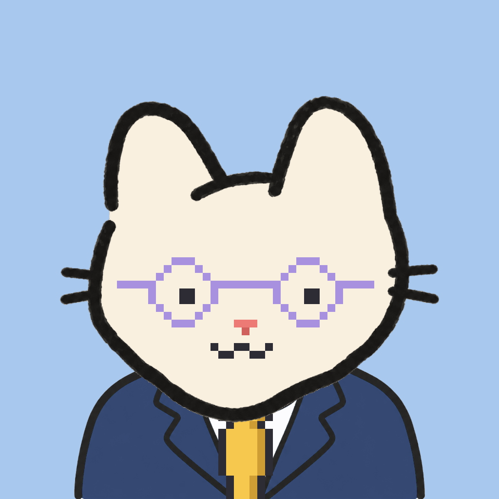 Employee #2721 — a cream cat, in a navy suit, with a gold tie, wearing round-lavender glasses, on sky