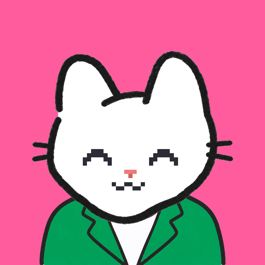 Employee #2722 — a white cat, in a green suit, on hot pink