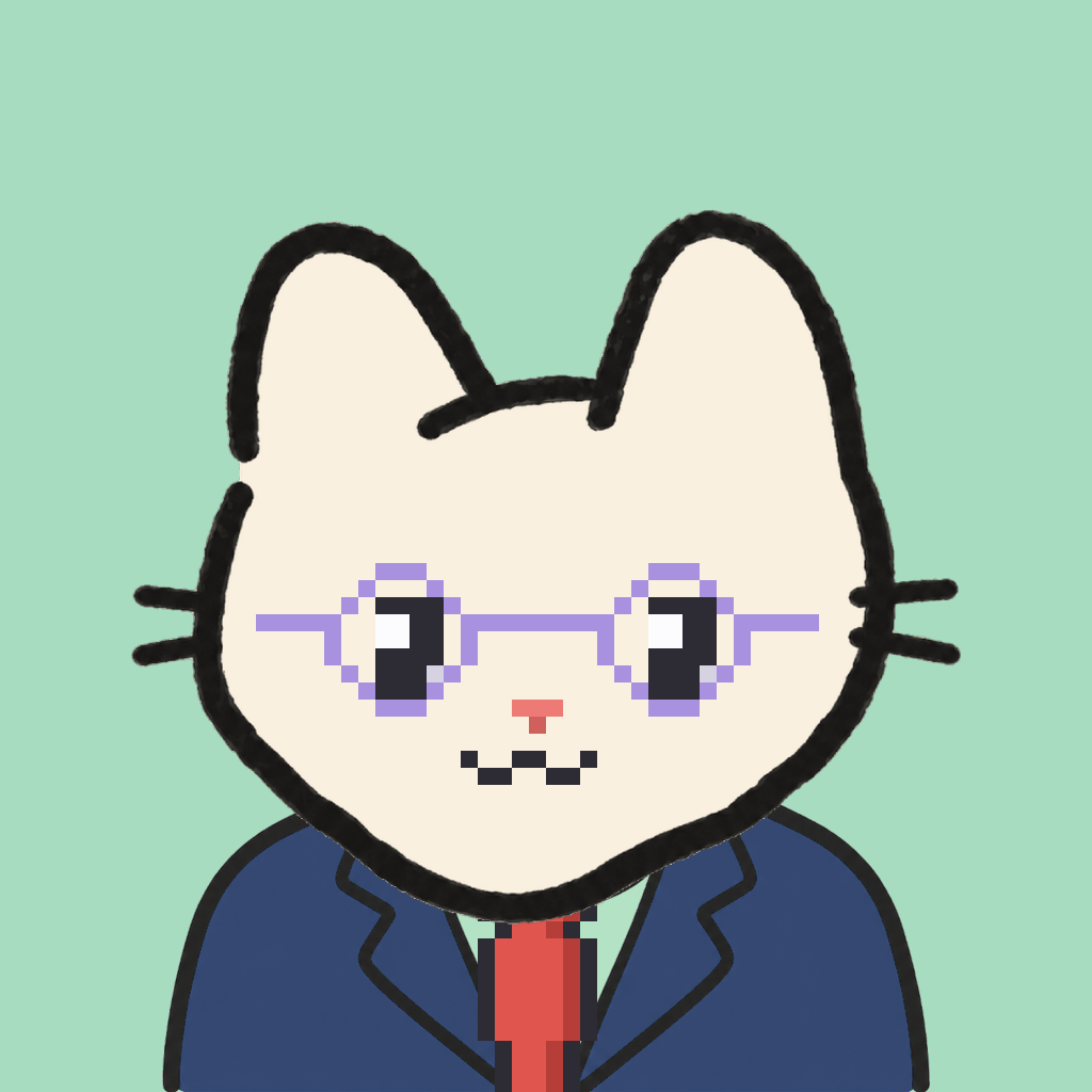 Employee #2723 — a cream cat, in a navy suit, with a red tie, wearing round-lavender glasses, on mint