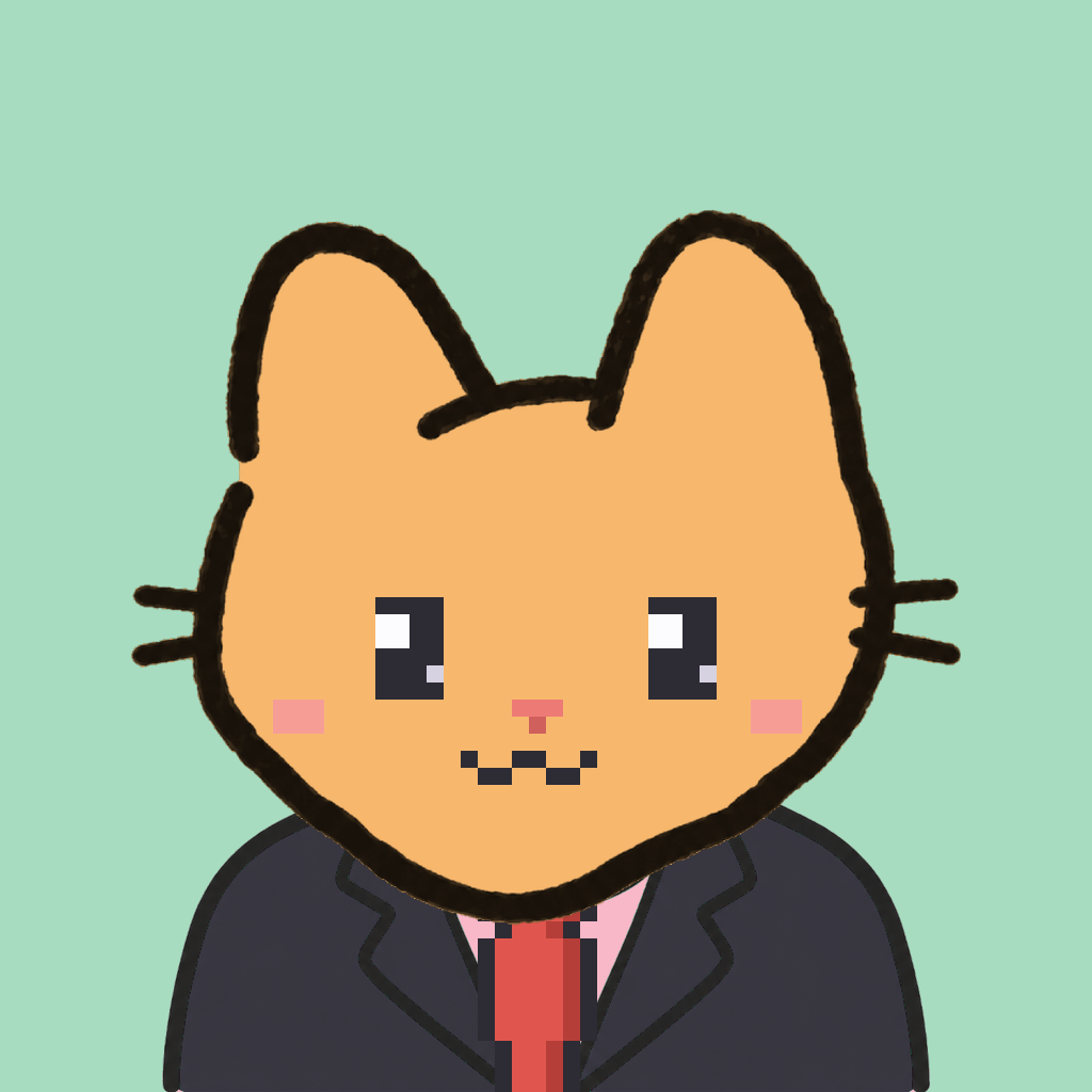 Employee #2724 — a tabby cat, in a black suit, with a red tie, on mint