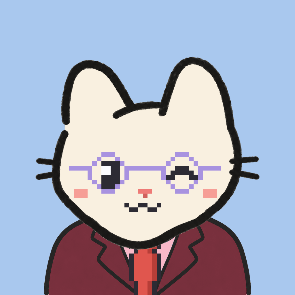Employee #2725 — a cream cat, in a burgundy suit, with a red tie, wearing round-lavender glasses, on sky