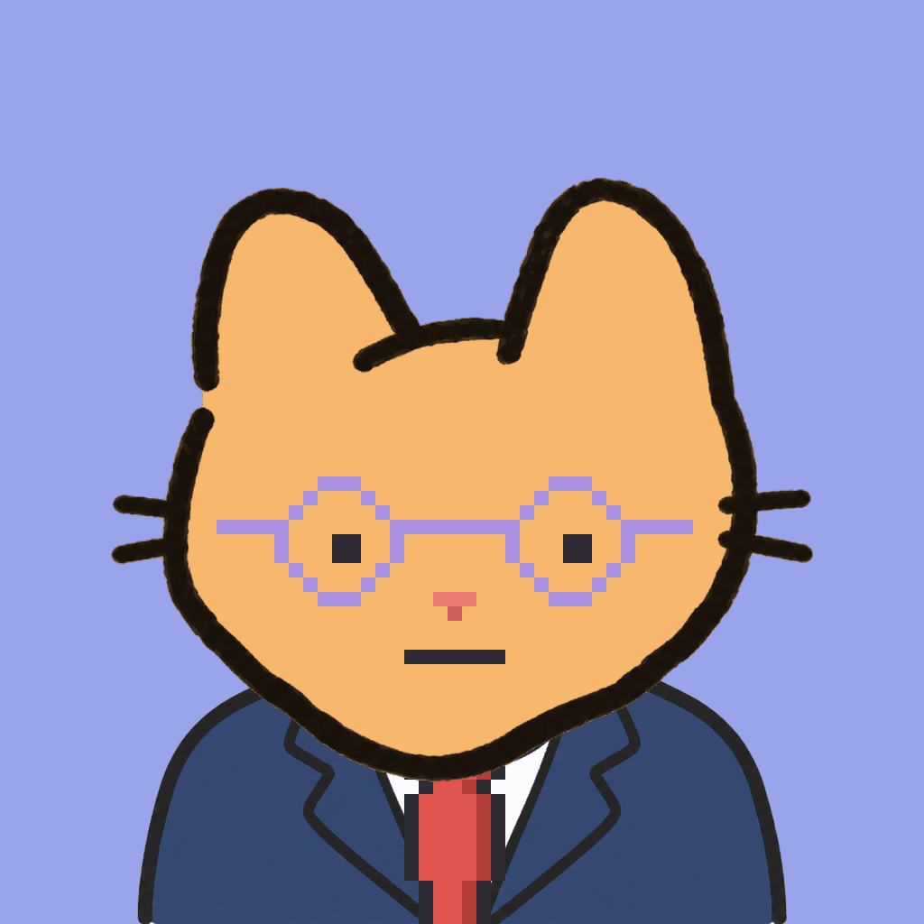 Employee #2726 — a tabby cat, in a navy suit, with a red tie, wearing round-lavender glasses, on periwinkle