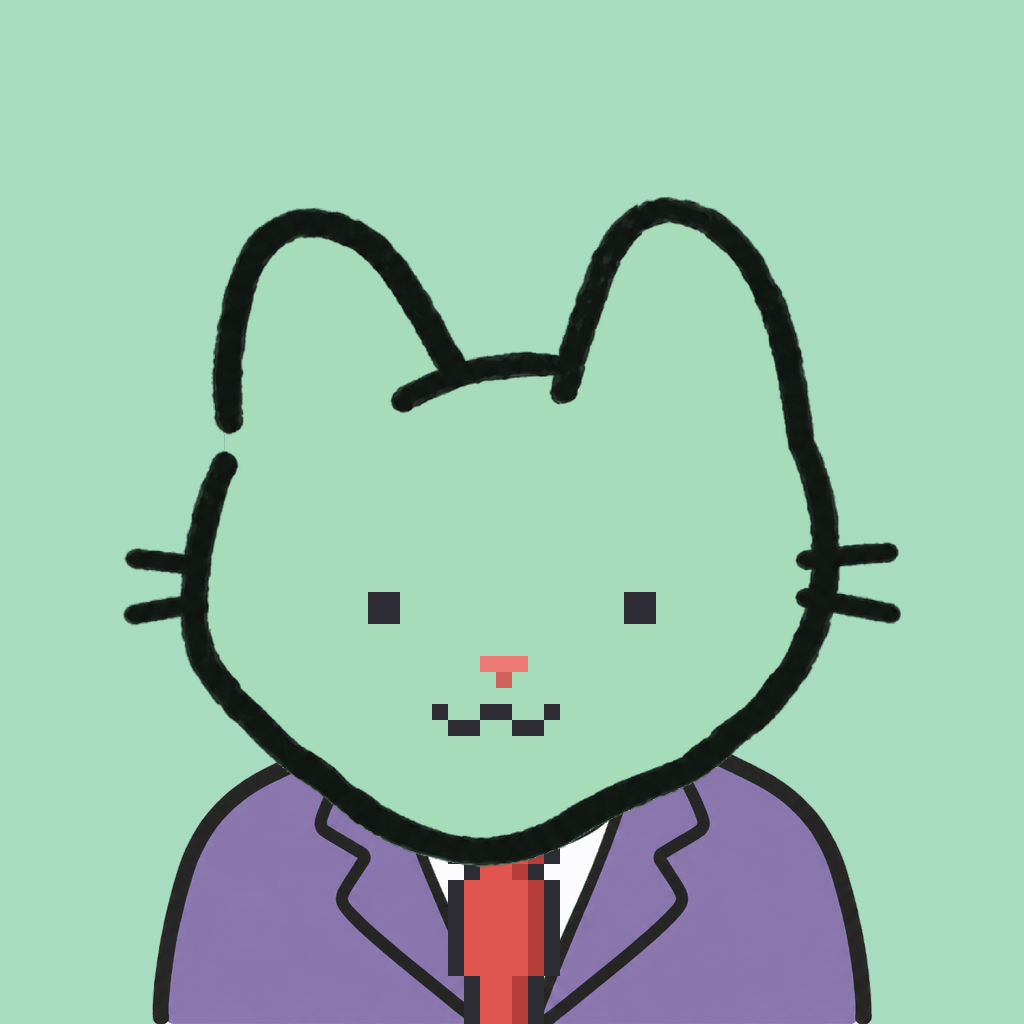 Employee #2727 — a mint cat, in a lavender suit, with a red tie, on mint