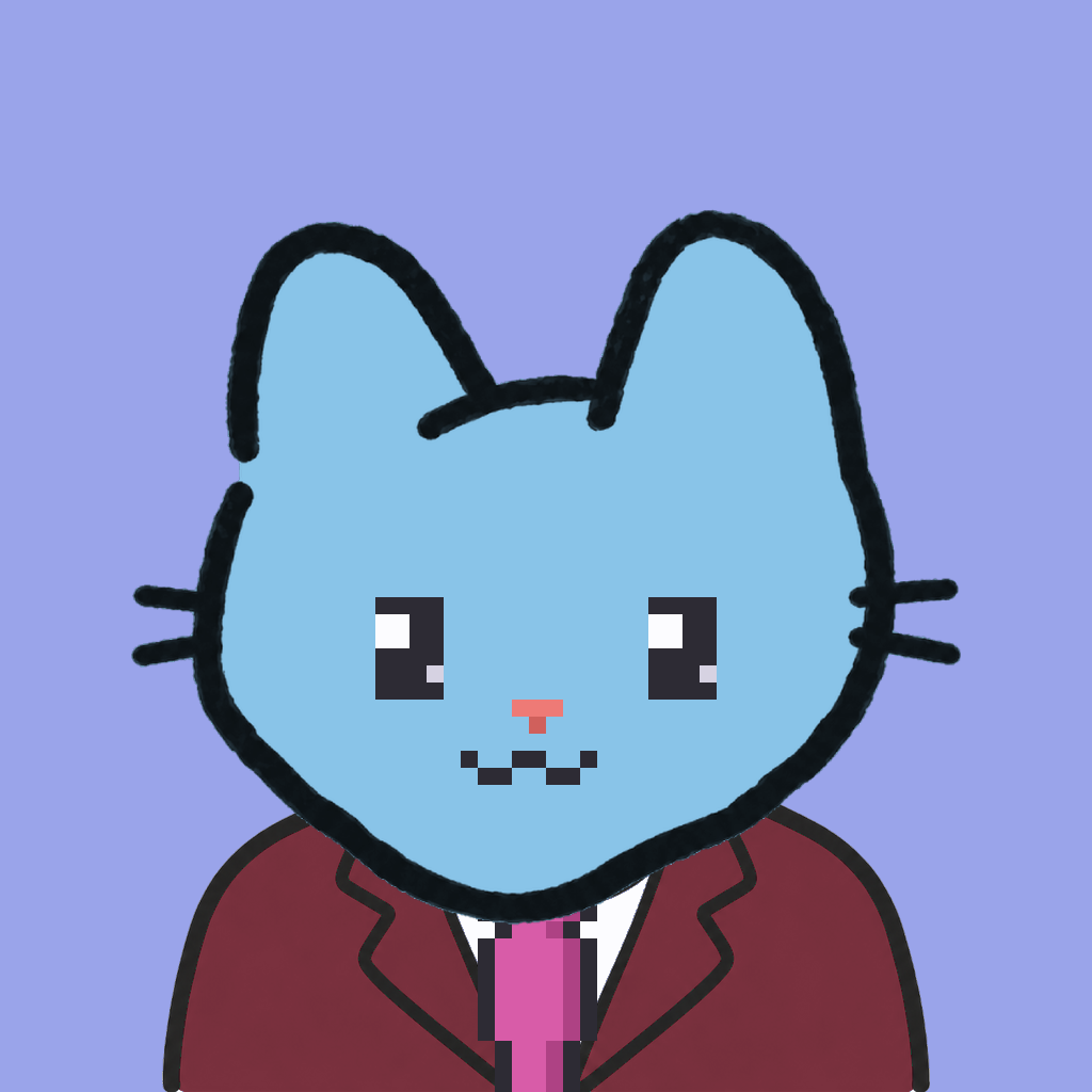 Employee #2728 — a sky cat, in a burgundy suit, with a magenta tie, on periwinkle