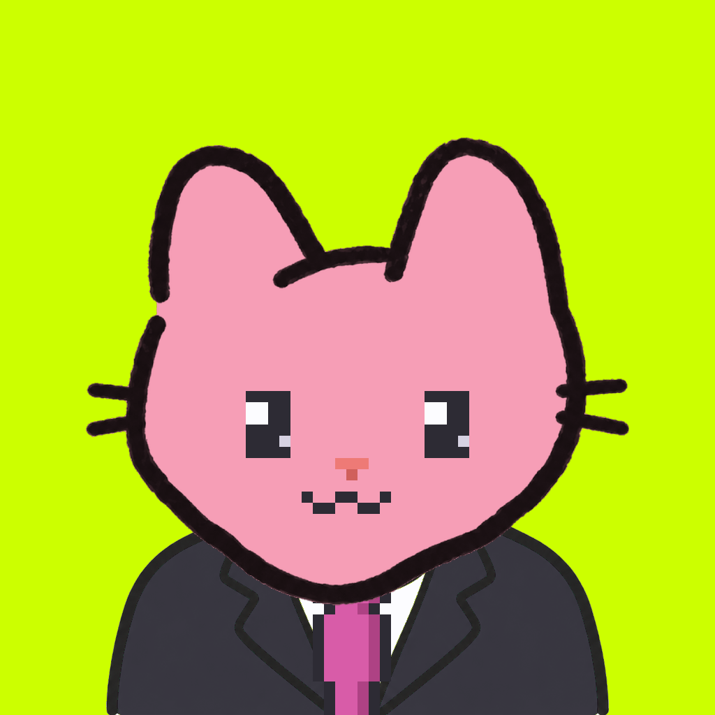 Employee #2729 — a pink cat, in a black suit, with a magenta tie, on volt