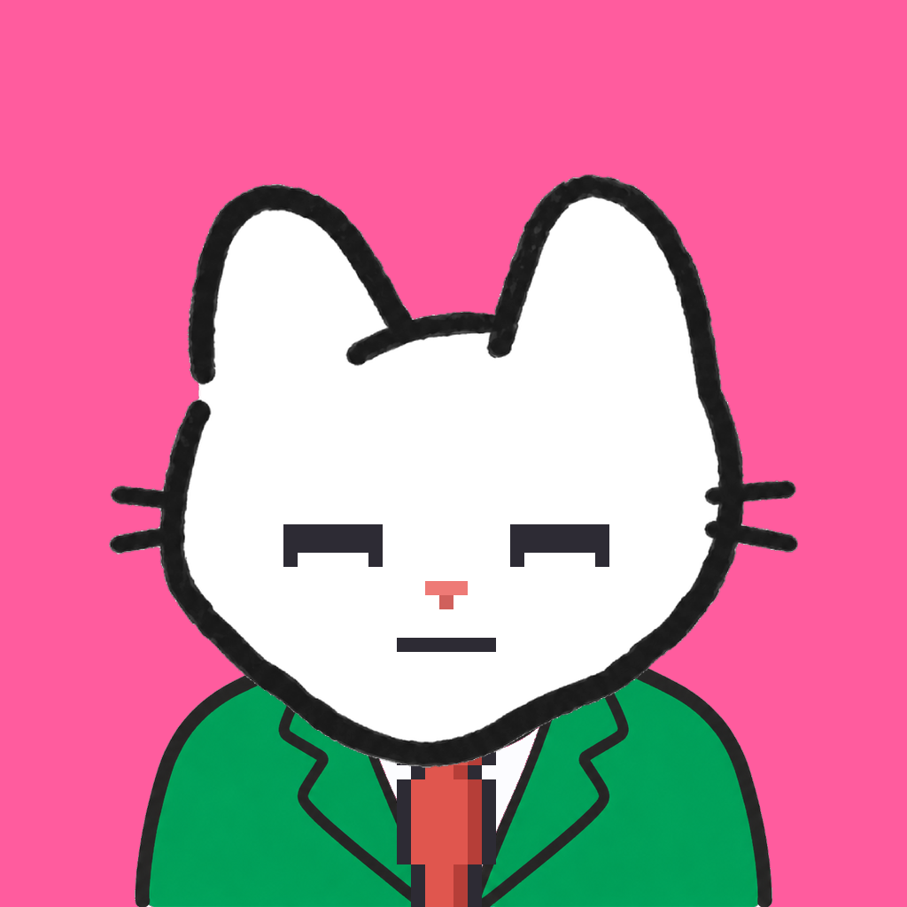 Employee #0273 — a white cat, in a green suit, with a red tie, on hot pink