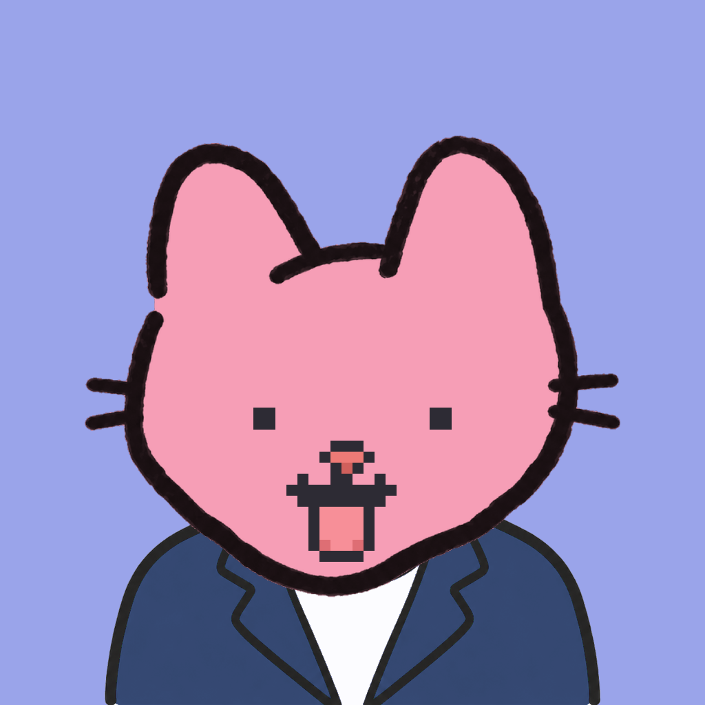Employee #2730 — a pink cat, in a navy suit, on periwinkle