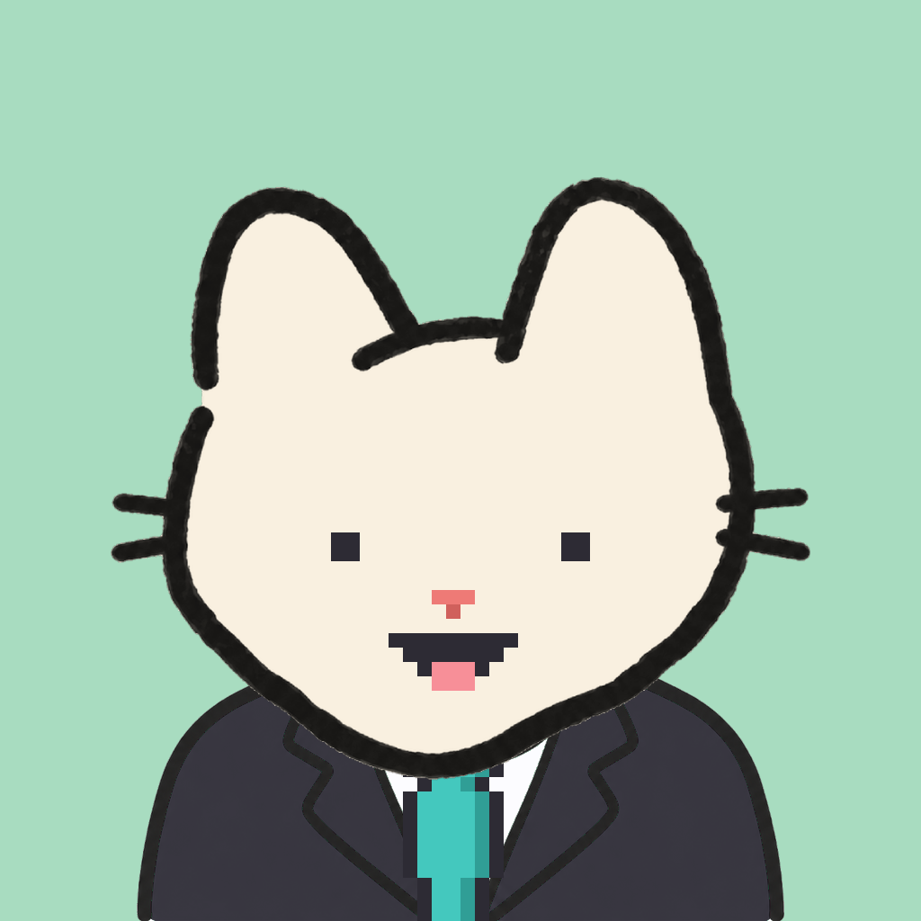 Employee #2731 — a cream cat, in a black suit, with a teal tie, on mint