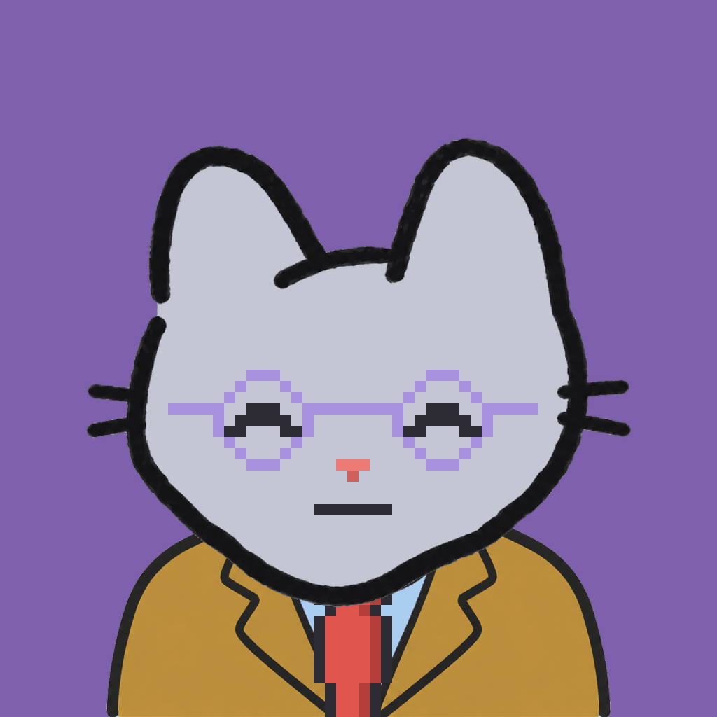 Employee #2733 — a gray cat, in a mustard suit, with a red tie, wearing round-lavender glasses, on plasma violet