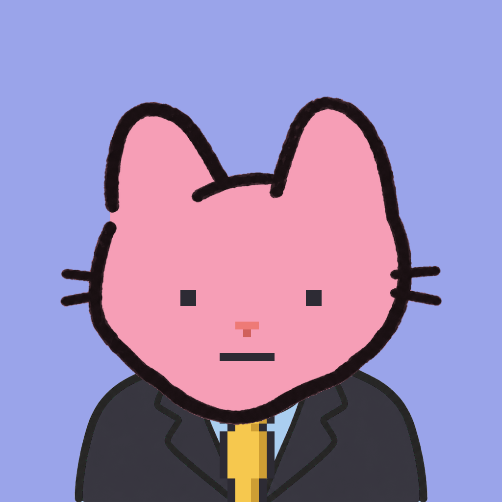 Employee #2734 — a pink cat, in a black suit, with a gold tie, on periwinkle