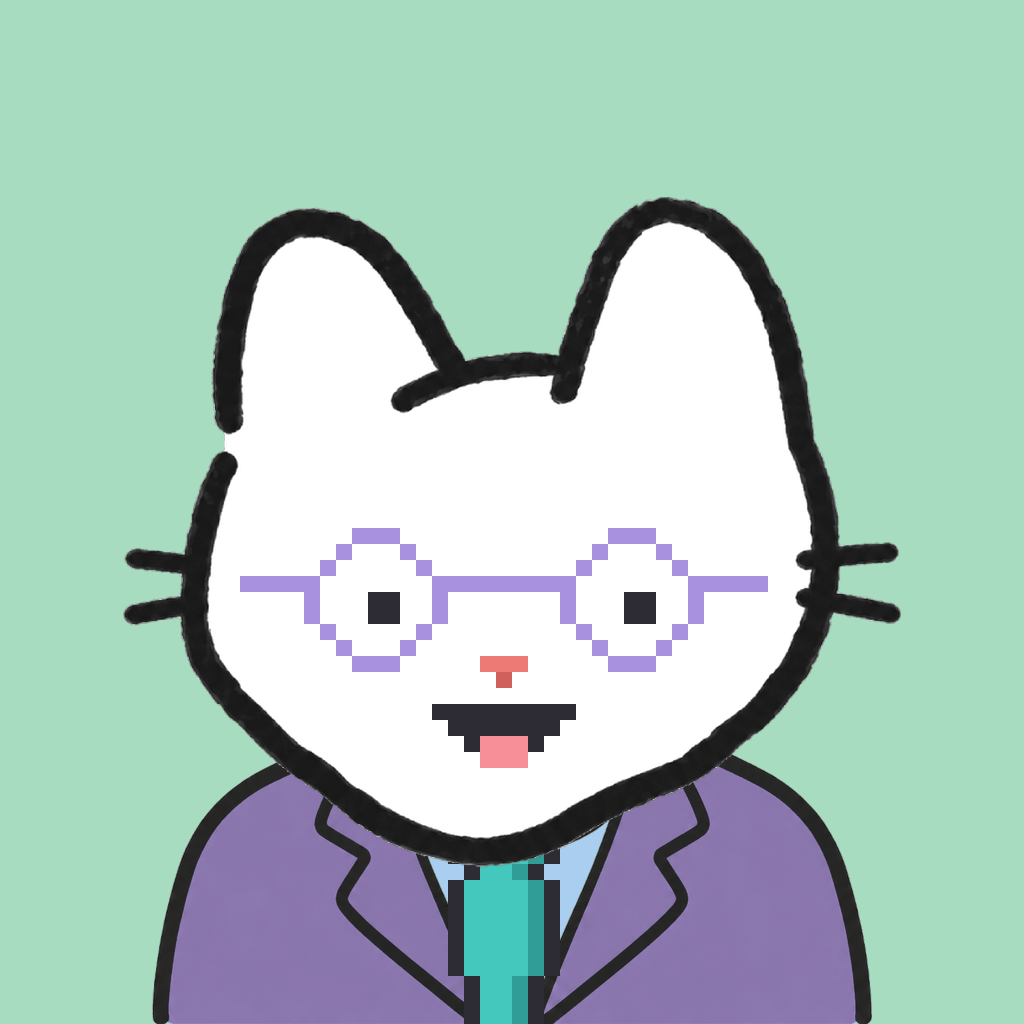 Employee #2735 — a white cat, in a lavender suit, with a teal tie, wearing round-lavender glasses, on mint