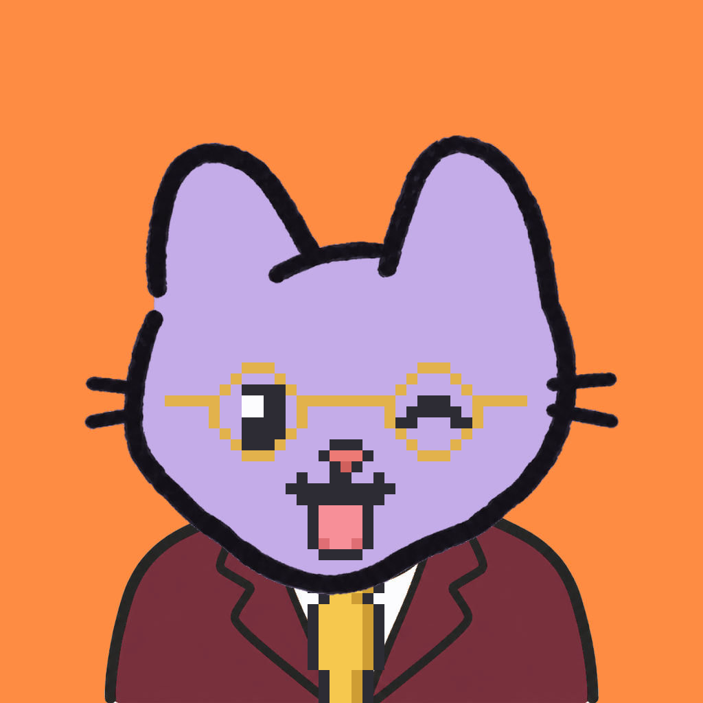 Employee #2736 — a lavender cat, in a burgundy suit, with a gold tie, wearing round-gold glasses, on tangerine