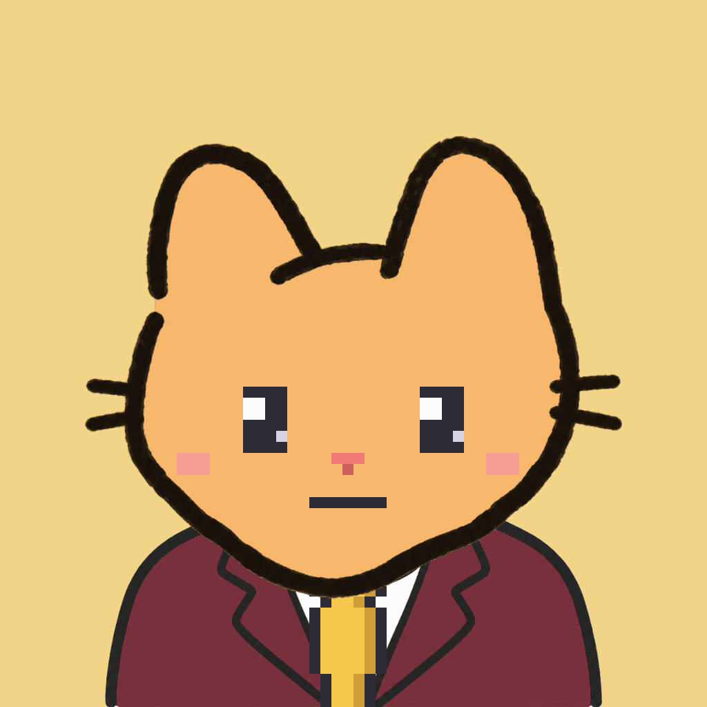 Employee #2737 — a tabby cat, in a burgundy suit, with a gold tie, on butter