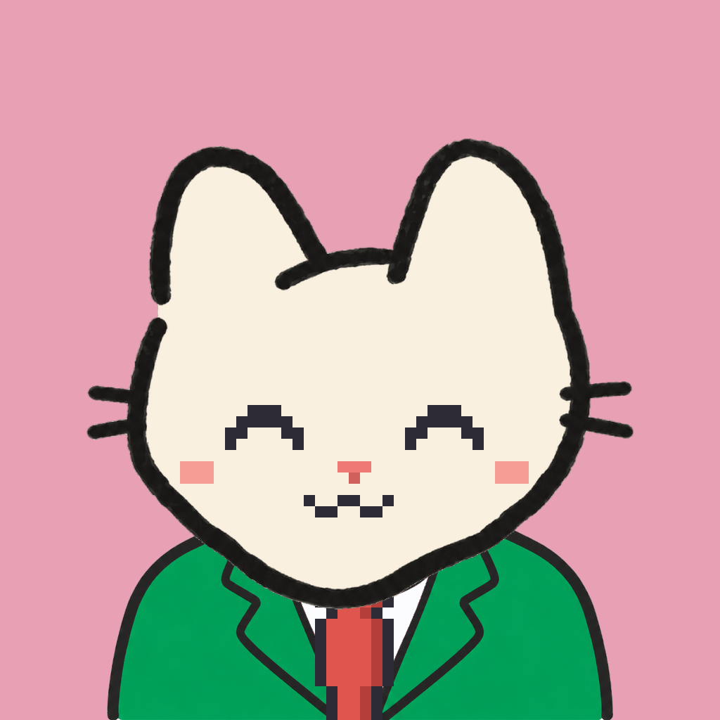 Employee #2738 — a cream cat, in a green suit, with a red tie, on rose