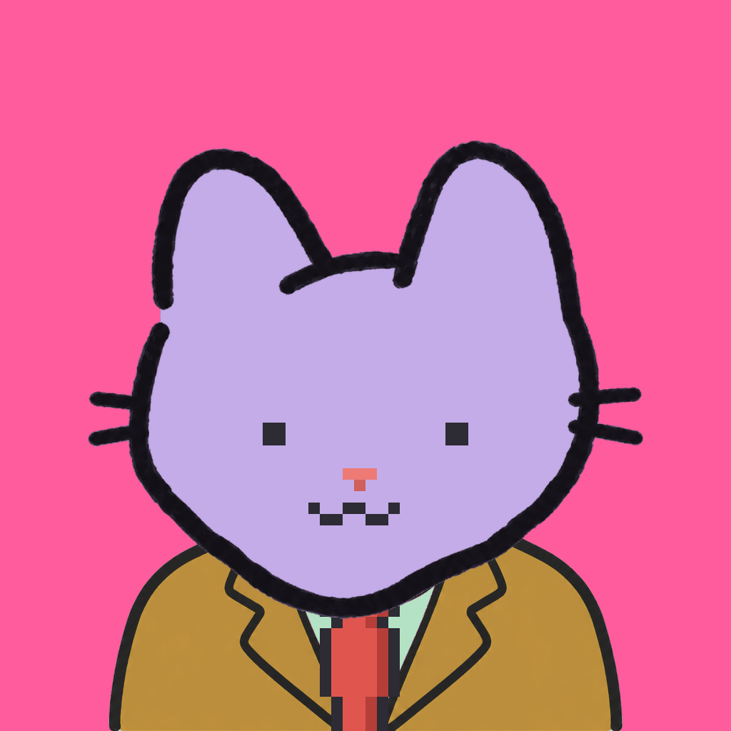 Employee #2739 — a lavender cat, in a mustard suit, with a red tie, on hot pink