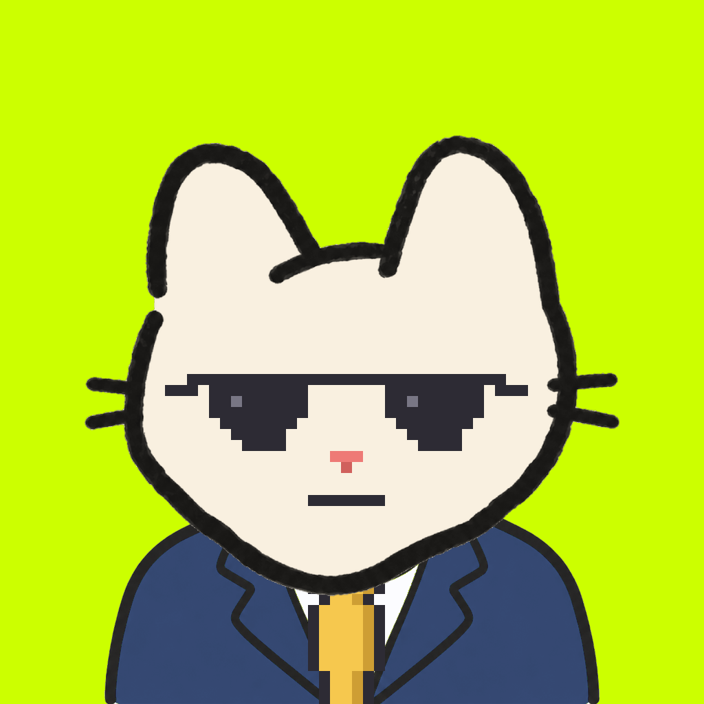 Employee #0274 — a cream cat, in a navy suit, with a gold tie, wearing shades glasses, on volt