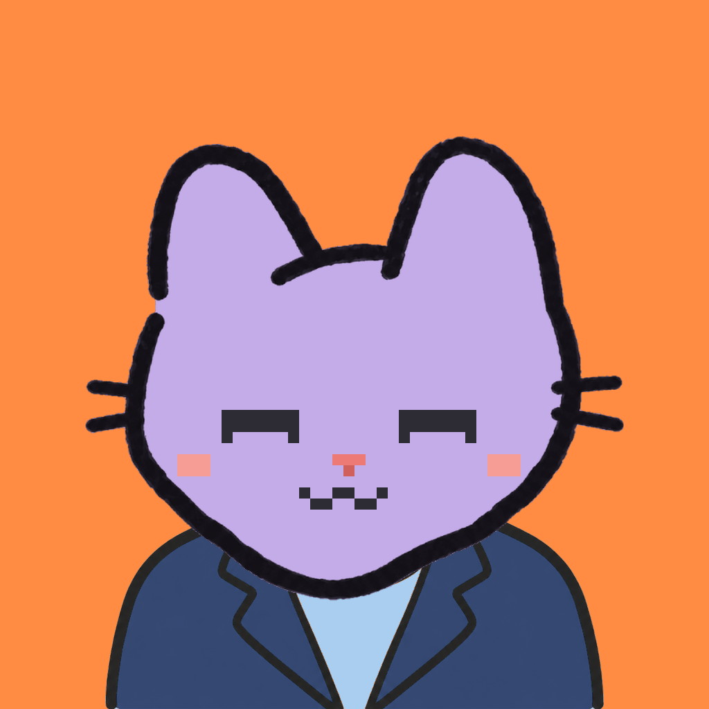 Employee #2740 — a lavender cat, in a navy suit, on tangerine