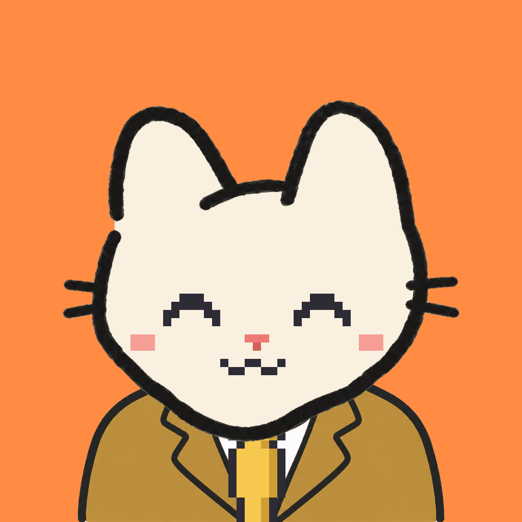 Employee #2741 — a cream cat, in a mustard suit, with a gold tie, on tangerine