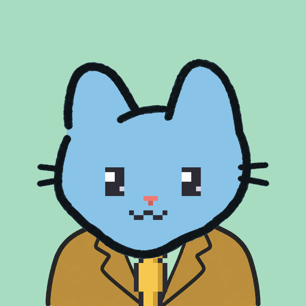 Employee #2743 — a sky cat, in a mustard suit, with a gold tie, on mint