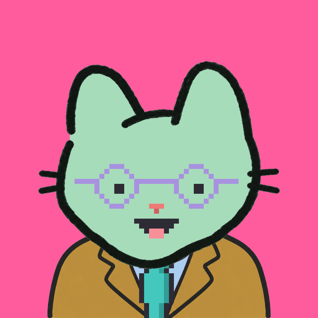 Employee #2744 — a mint cat, in a mustard suit, with a teal tie, wearing round-lavender glasses, on hot pink