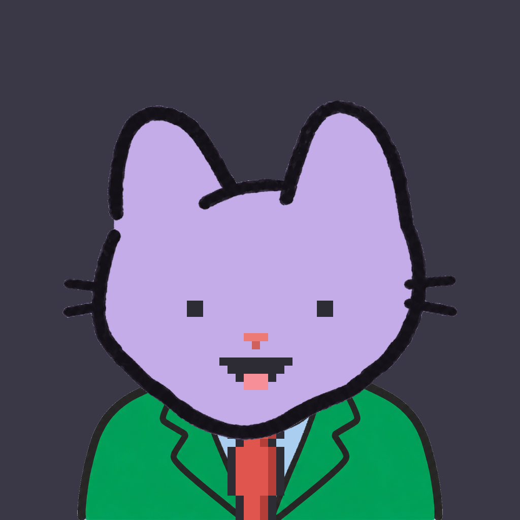 Employee #2745 — a lavender cat, in a green suit, with a red tie, on charcoal