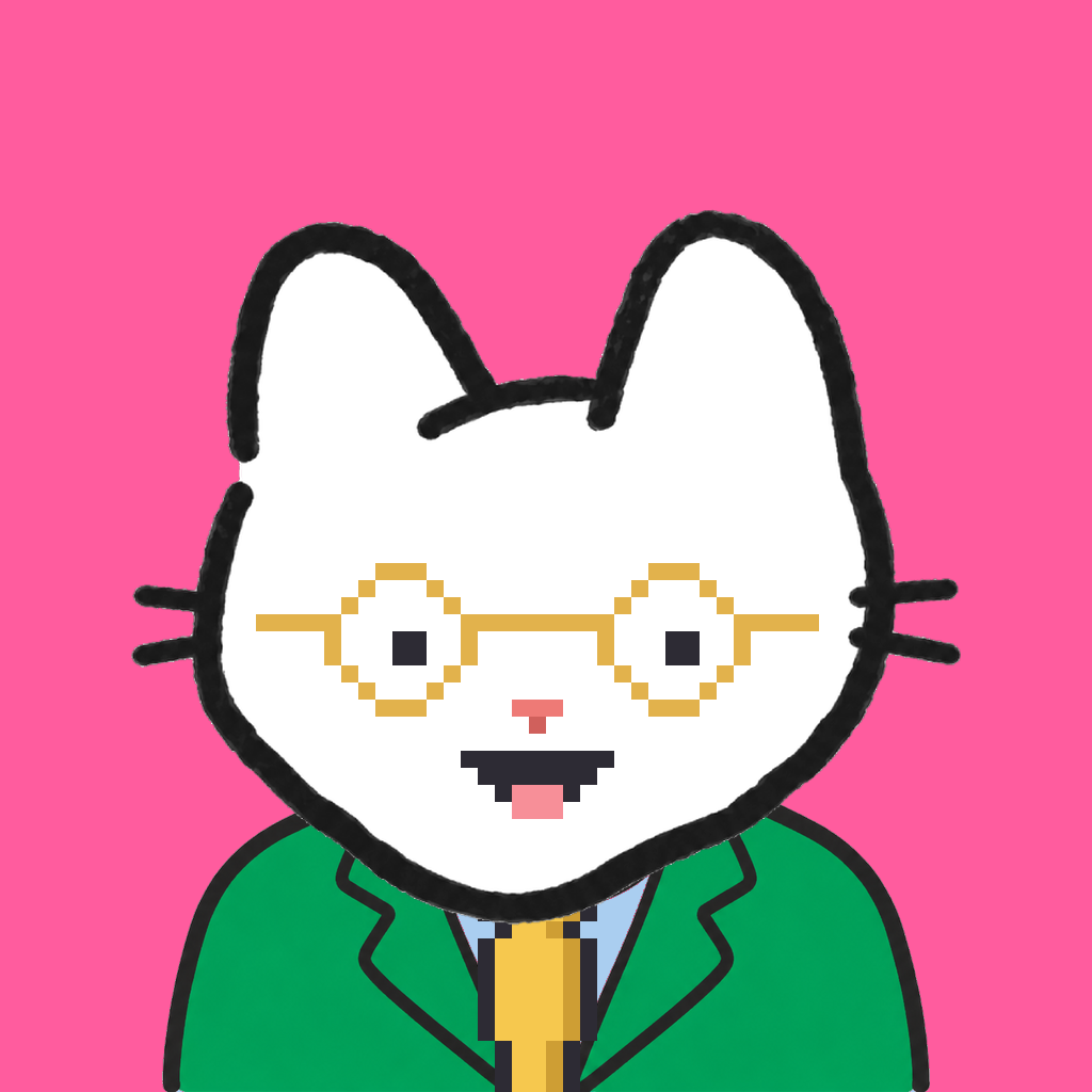 Employee #2746 — a white cat, in a green suit, with a gold tie, wearing round-gold glasses, on hot pink
