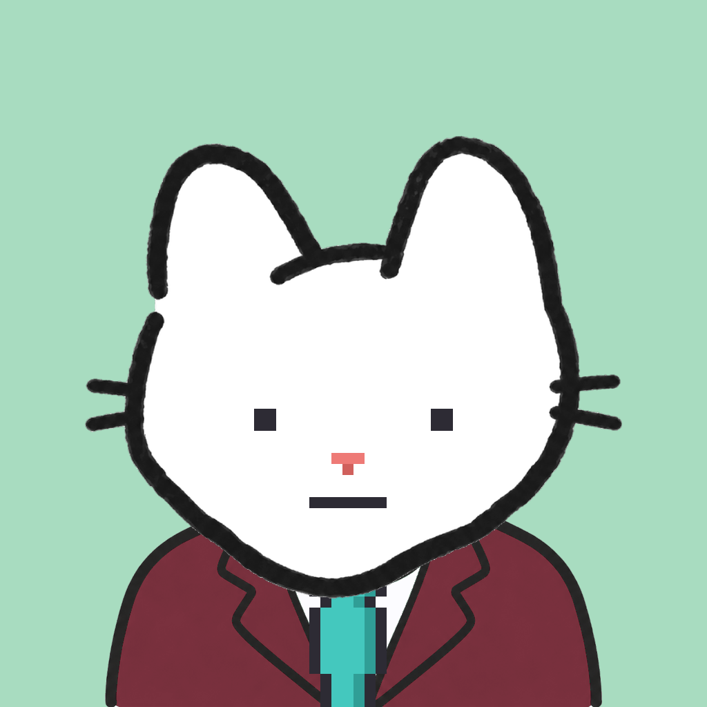 Employee #2747 — a white cat, in a burgundy suit, with a teal tie, on mint